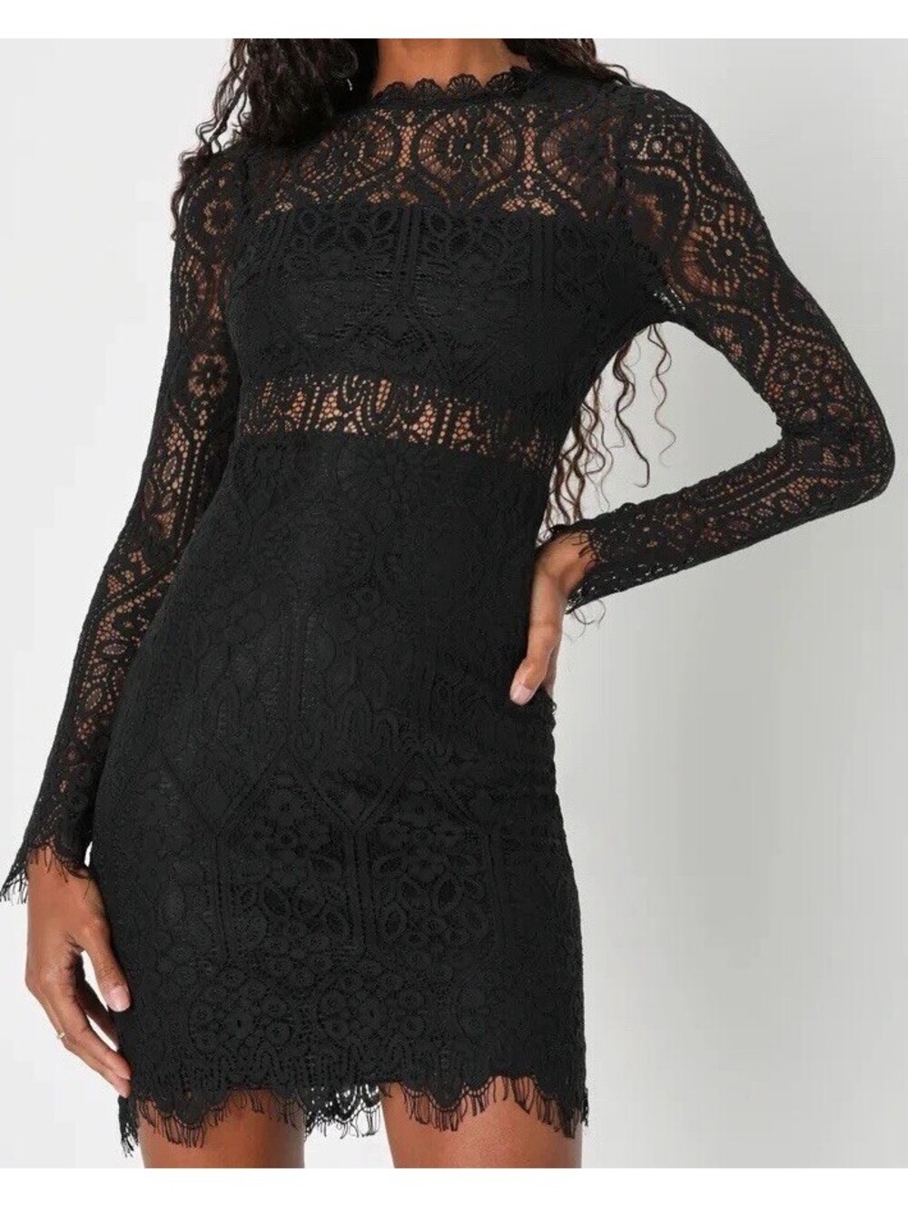 Lulus Black Floral Lace Sheath Dress Long Sleeve Lined Zip Front Size XL fits L